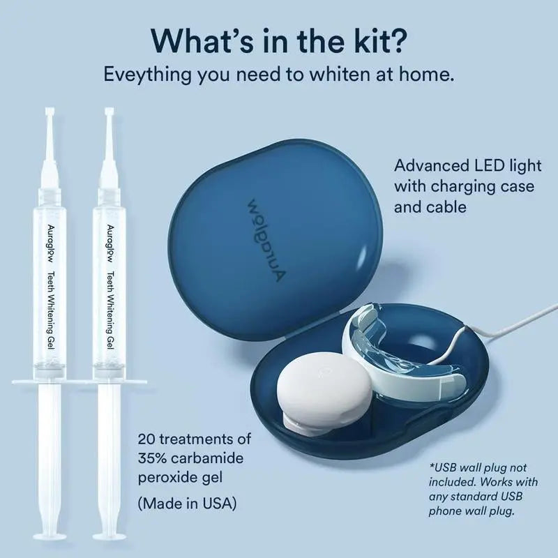 Auraglow Professional Teeth Whitening Kit with LED Accelerator Light and 35% Carbamide Peroxide Gel - 20+ Treatments for Up to 10 Shades Whiter in Just 7 Days - Moon White