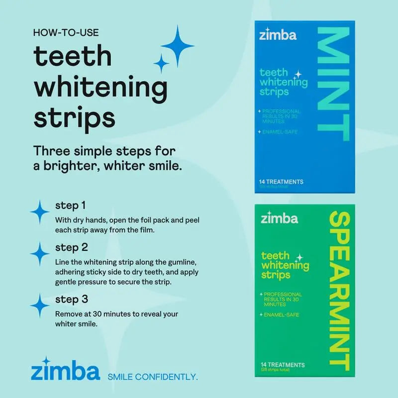 Zimba Teeth Whitening Strips Mint Trio for Sensitive Teeth, Vegan Whitening Strips, Spearmint, Mint and Peppermint, Daily Oral Care - Moon White