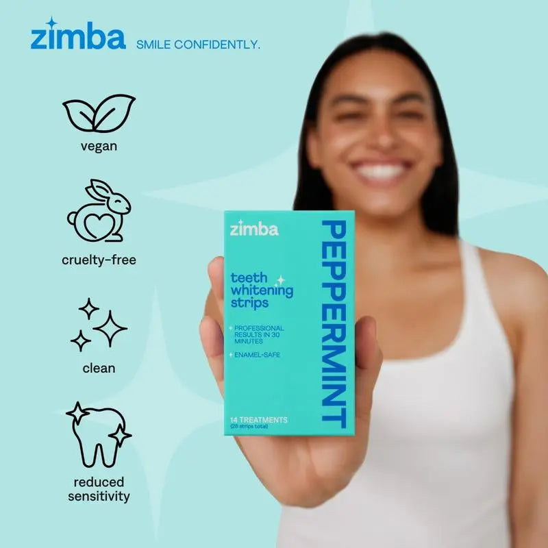 Zimba Teeth Whitening Strips Mint Trio for Sensitive Teeth, Vegan Whitening Strips, Spearmint, Mint and Peppermint, Daily Oral Care - Moon White