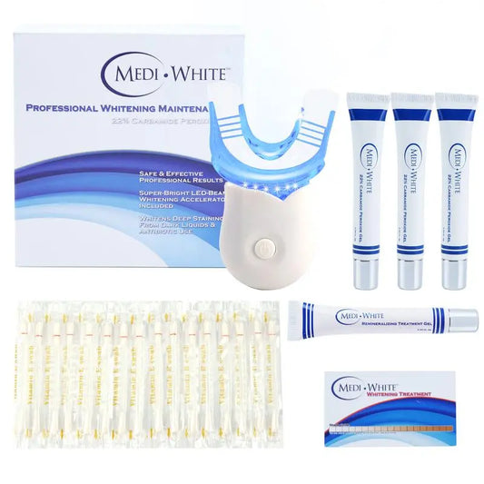 Mediwhite Teeth Whitening Kit with LED Light & 3 Tubes Teeth Whitening Gel & Remineralization Gel & Vitamin E Swabs for Oral Care Accelerator Brush - Moon White